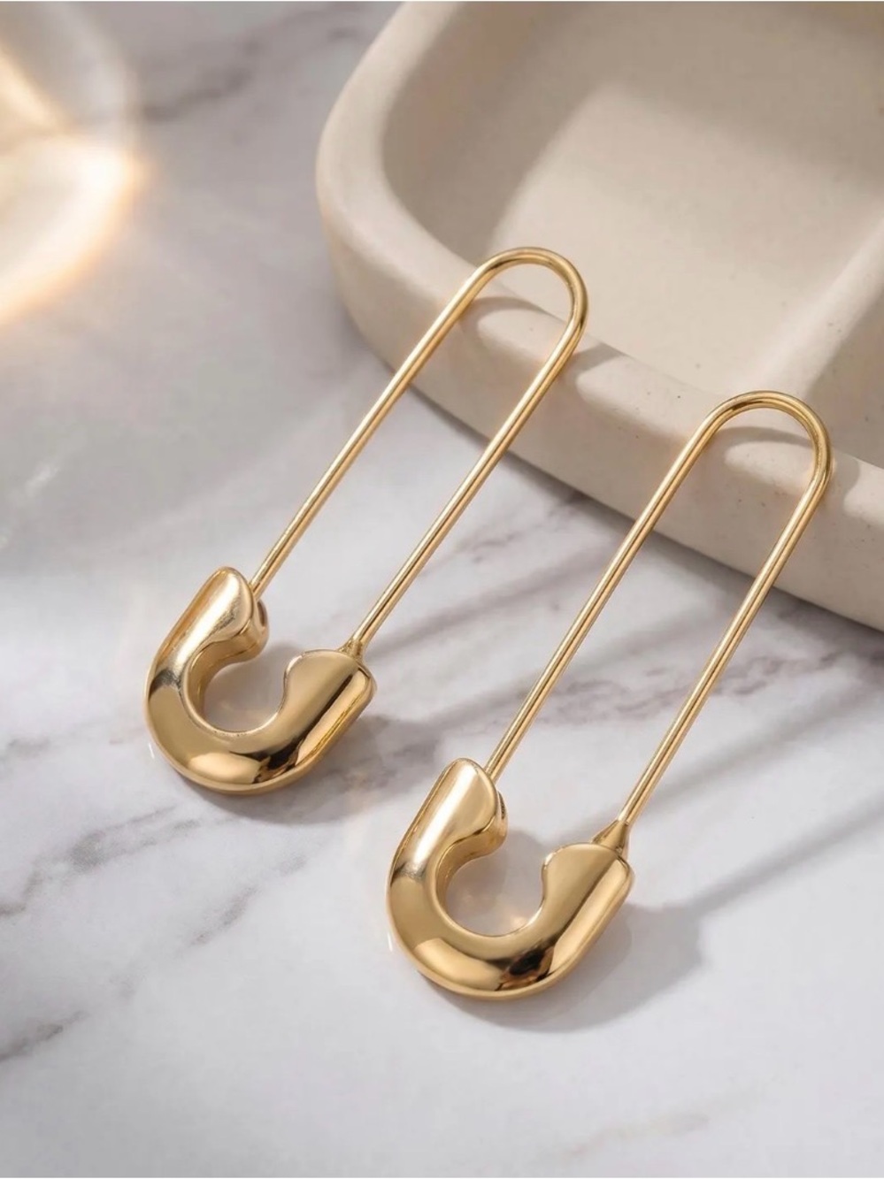 Gold Safety Pin Drop Earrings for Women - Picture 2 of 6